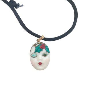 VINTAGE SIGNED ADAGIO  Porcelain Painted Christmas Face pendant necklace 14kGF